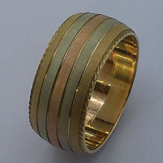 14K TrI-color Artcarved Comfort-fit Wedding Band, 8.4mm, Size 6.5